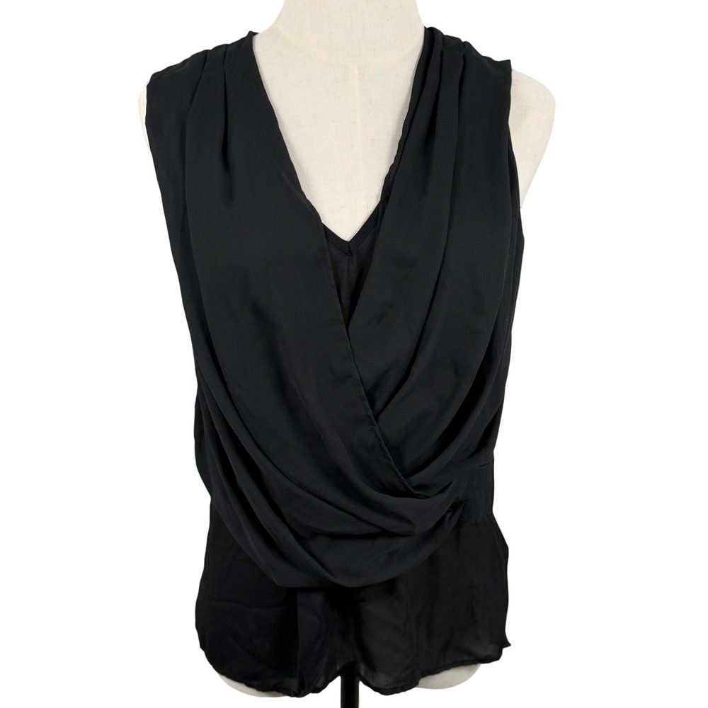 H&M Womens 8 M Blouse Black Draped Wrap Front Sleeveless V-Neck Career EUC Chic‎